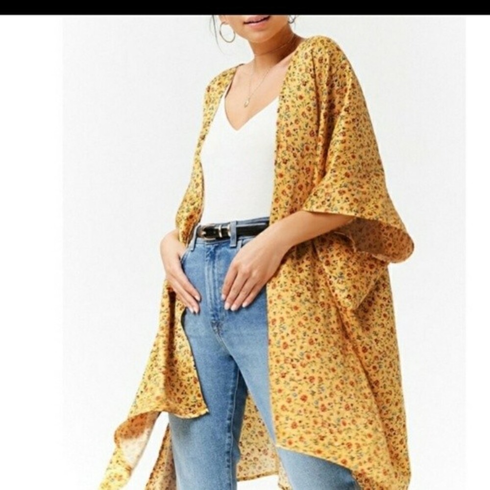 Forever 21 Yellow Floral Kimono Open Front Shrug Wrap Small Oversize